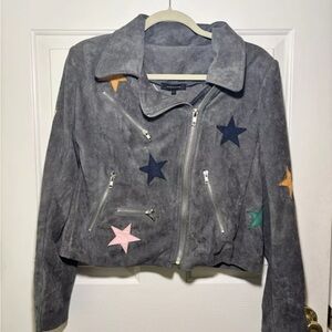 Womens Olivaceous Grey Vegan Leather Multicolored Star Edgy Biker Jacket Sz L